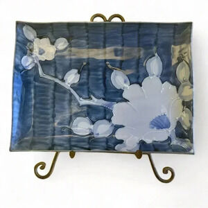 Vintage Japan Asian Blue Ceramic Tray Platter Dish 13x9 White Flower
